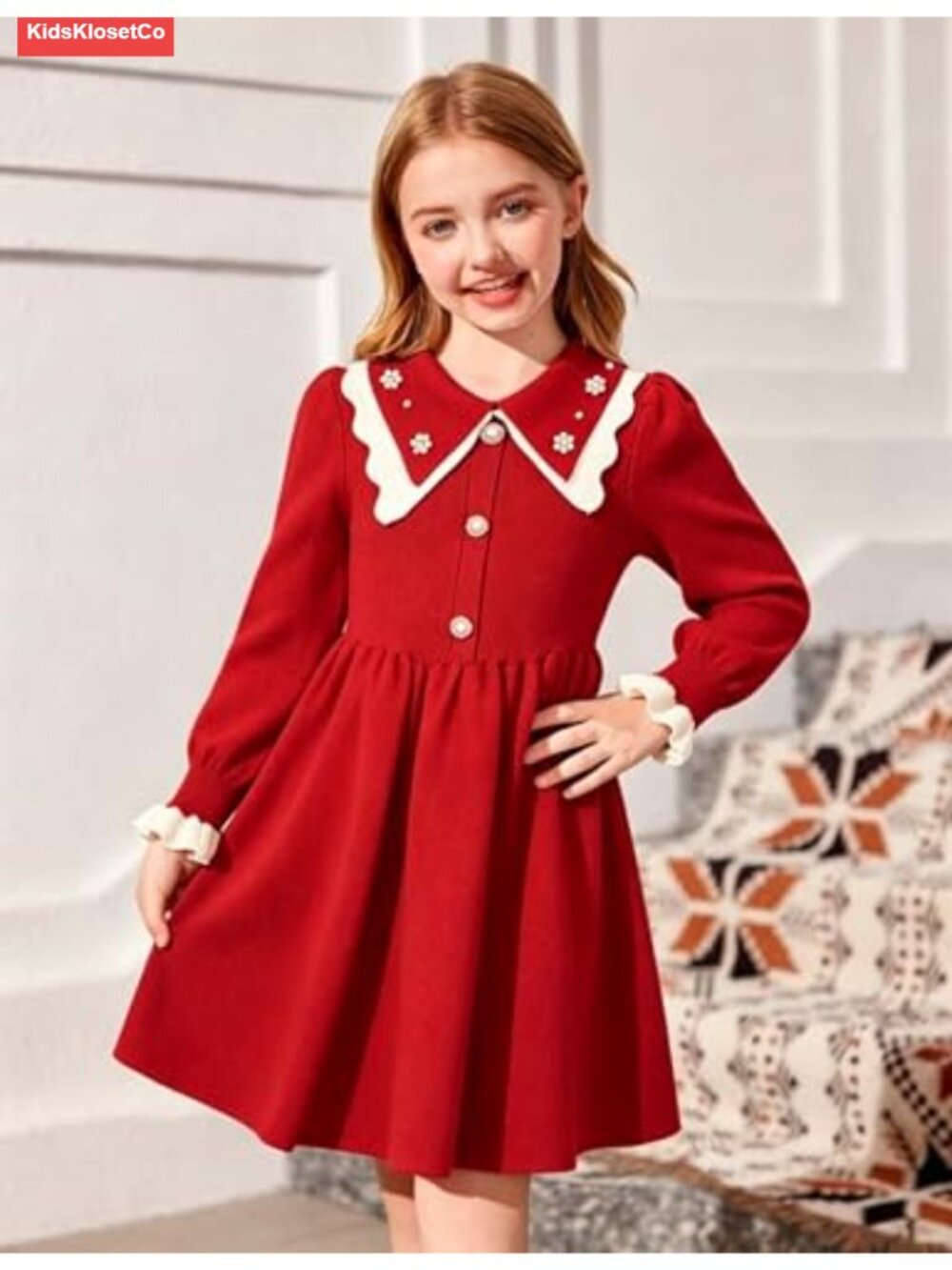 Girls Knit Sweater Dress Long Sleeve Pearl Button Fall Winter - Picture 2 of 6